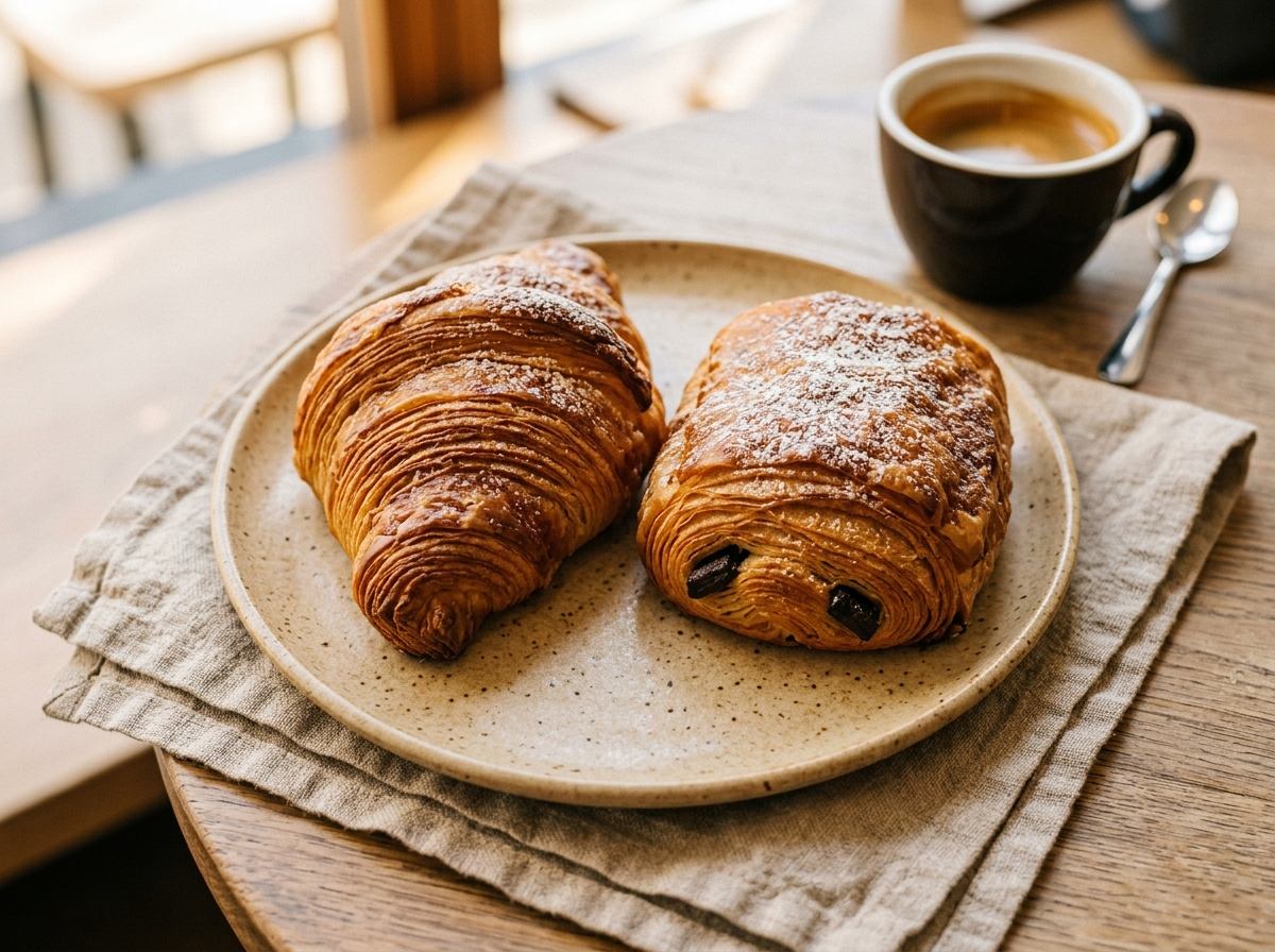 Croissant recién horneado y pain au chocolat en vajilla de cerámica artesanal